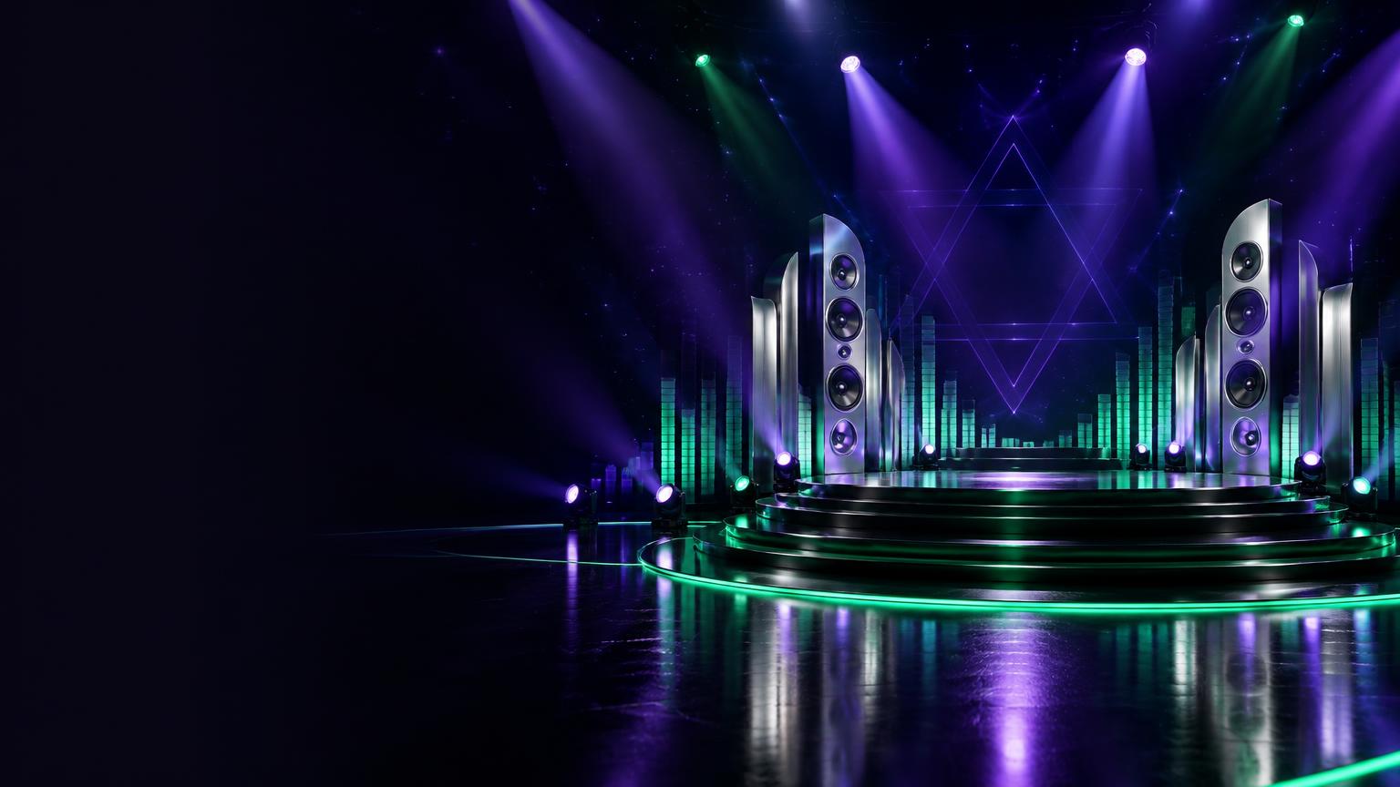 JewTune music stage with purple and green lights